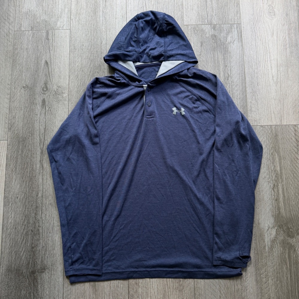 Under Armour Mens L Navy Hooded Henley Long Sleeve HeatGear Hoodie Logo Flaw